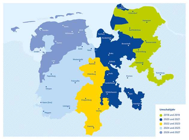 Der Gasnetzbetreiber teilte sein Region in fünf große und über 100 kleine Umstellbezirke ein. 