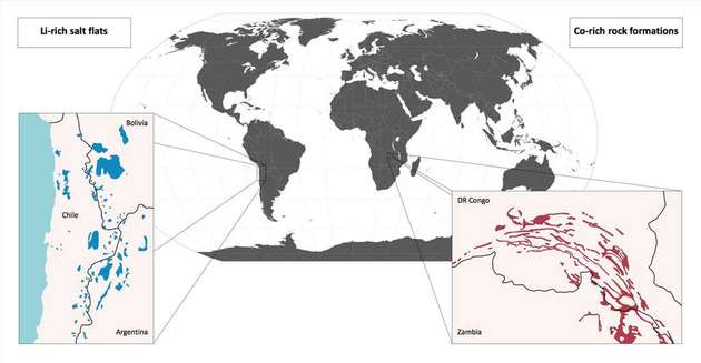 Regionen mit hoch konzentrierten Reserven. Das Lithium-Dreieck in Südamerika und für Kobalt, der Kupfergürtel in Zentralafrika.