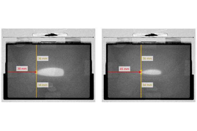 Füllung einer Lithiumionen-Zelle unter Vakuum: Die Benetzung der Elektrode (dunkler Bereich) schreitet von allen Seiten gleichmäßig voran.