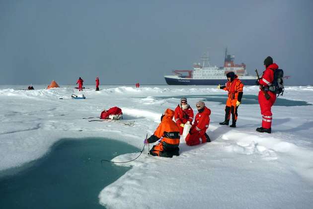 Mehre Gruppen knüpfen sich den Lebensraum Meereis bei jeder Eisstation vor: Wasserproben aus den Schmelztümpeln, das Eis selber sowie das Wasser darunter, alles wird nach nach Pflanzen, Tieren und Mikroorganismen durchsucht. 