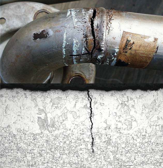 Schadensfall: Rohr aus nichtrostendem Stahl mit chloridbedingter Spannungsrisskorrosion. 