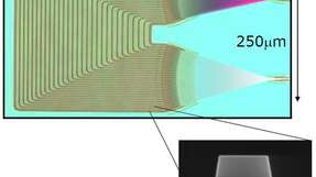 
                        
                        
                          Ansicht eines auf einem Chip integrierten Spektrometers und elektronenmikroskopische Abbildung des Querschnitts eines Wellenleiters.
                        
                      