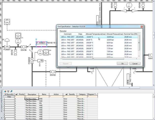Rohrklassen schneller spezifizieren: Der Assistent „Find Specification“ durchsucht Kataloge nach passenden Elementen und weist die Auswahl der Leitung zu.