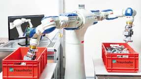 Dank der Bildverarbeitungssoftware bp3 ist dieser zweiarmige Roboter in der Lage, Bauteile aus einer Kiste zu greifen und definiert abzulegen.