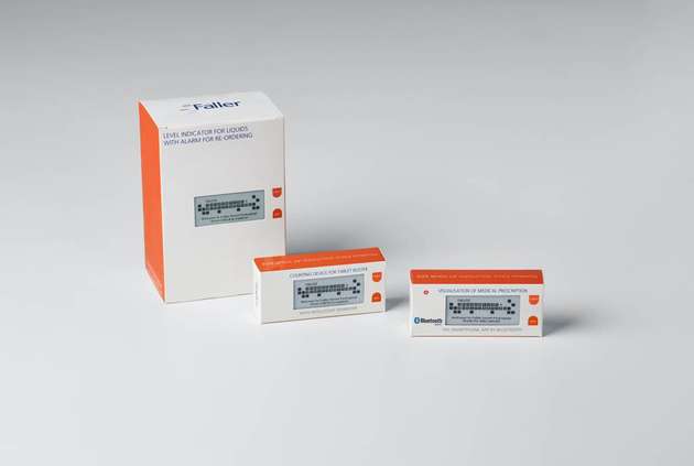 Die drei Prototypen der Smart-Packagaging-Lösungen von Faller: Level Indicator, Counting Device und Medical Prescription, von links nach rechts.