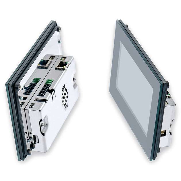 Der Santino LT besteht aus Touchscreen und Embedded-System. Je nach Kundenwunsch können Schnittstellen zur Vernetzung über Ethernet, LTE oder WiFi sowie verschiedene Feldbus-Systeme integriert werden.