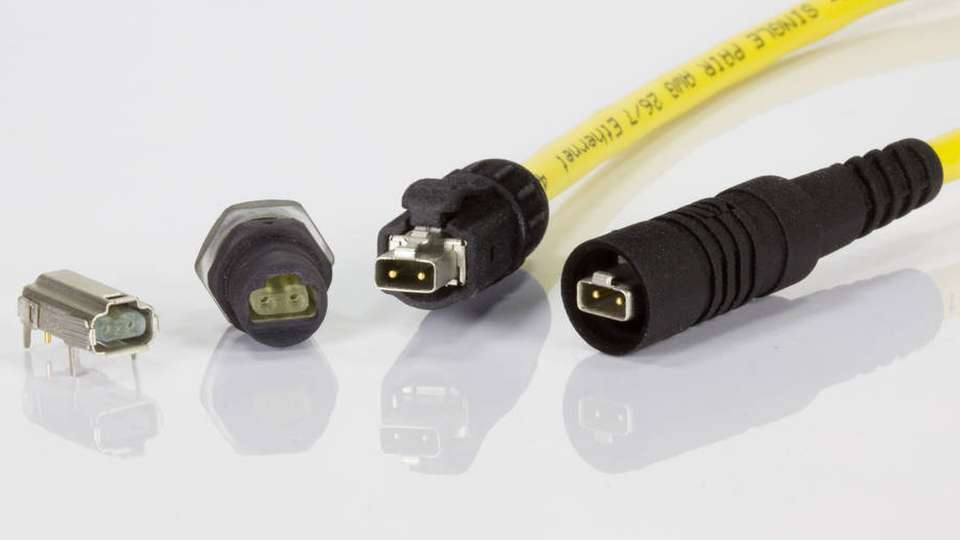 Single Pair Steckverbinder-Portfolio in IP20 und IP65/67 in M8 Außenmaßen von Harting (PCB Buchse und Kabelstecker).