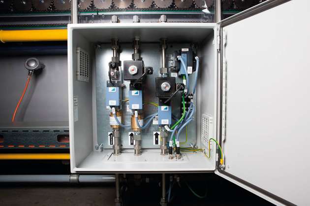 Prinzipieller Aufbau: In jedem der drei Schaltschränke sind zur Regelung der Gaszufuhr drei Massendurchflussregler integriert.