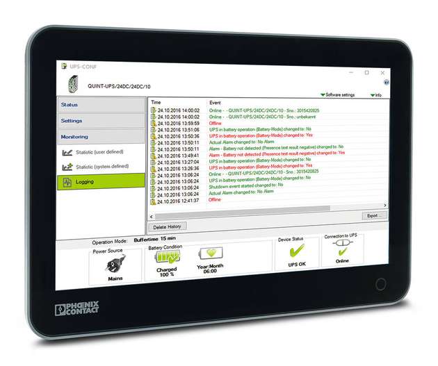 Batteriemanagement: Das USV-System mit IQ-Technologie kommuniziert Betriebs- und Batteriezustände, wie verbleibende Pufferzeiten und ausstehende Lebensdauer der Batterie.