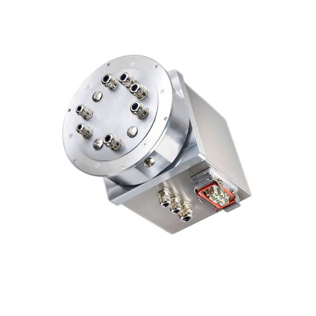 Der SR250-Schleifring für Leistungs-, Signal- und Datenübertragung bis zu 80 A. Auch die parallele Übertragung von Feldbus- und Ethernet-Kommunikation ist möglich.