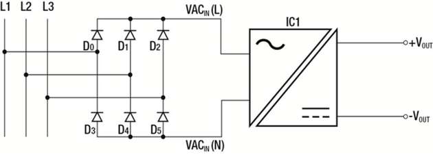 Dieses Modul ist sowohl mit Stern- als auch Dreieck-Versorgungen kompatibel und kann mit einem Dreiphasengleichrichter verwendet werden, um eine Phasen-redundante Versorgung zu erzeugen. Wenn eine Phase ausfällt, wird das Modul weiter von den anderen beiden betrieben.