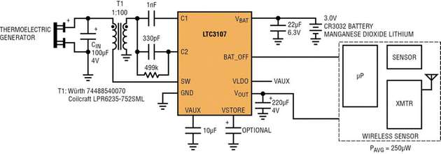 Ein typischer Applikationskreislauf der DC/DC-Wandlerlösung LTC3107, die speziell im Hinblick auf Energy Harvesting konzipiert wurde.