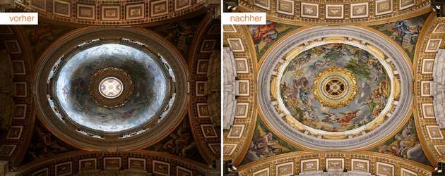 Deutlicher Unterschied: Die Kuppel im Petersdom mit alter und neuer Beleuchtung.