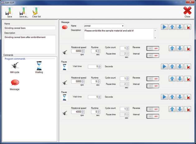 Die Software P-11Control zur automatischen Steuerung der Mühle sowie zur Editierung, Speicherung und Verwaltung der SOPs.