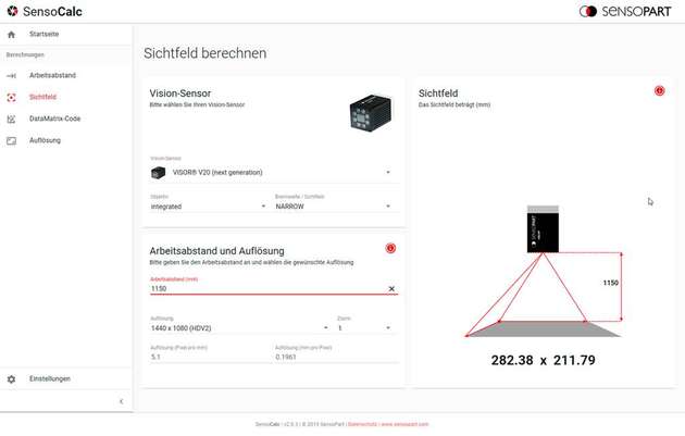 Das Tool SensoCalc ermöglicht die einfache Berechnung von Sensor-Sichtfeldern bei vorgegebenem Arbeitsabstand. 