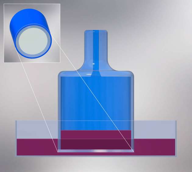Schnitt durch ein Flow-Through-Microarray mit Darstellung des laser-bearbeiteten Glaschips.