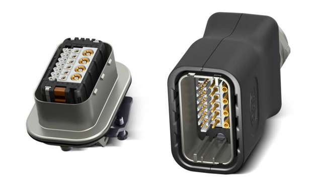Der hybride Steckverbinder ODU-MAC PUSH-LOCK mit Modulen bestückt.