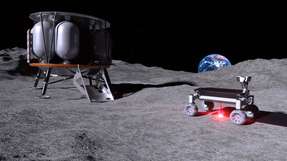 Die Moonrise-Technologie im Einsatz auf dem Mond: links die Mondlandefähre Alina, rechts der Rover mit angeschaltetem Laser beim Aufschmelzen von Mondstaub.
