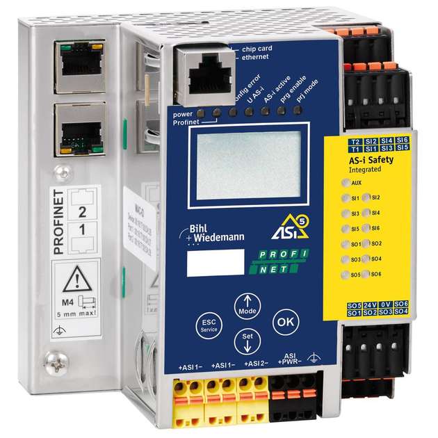 Die drei neuen ASi-5/ASi-3 Gateways von Bihl+Wiedemann zu PROFINET, EtherNet/IP und EtherCAT haben jeweils zwei ASi-5/ASi-3 Master. 