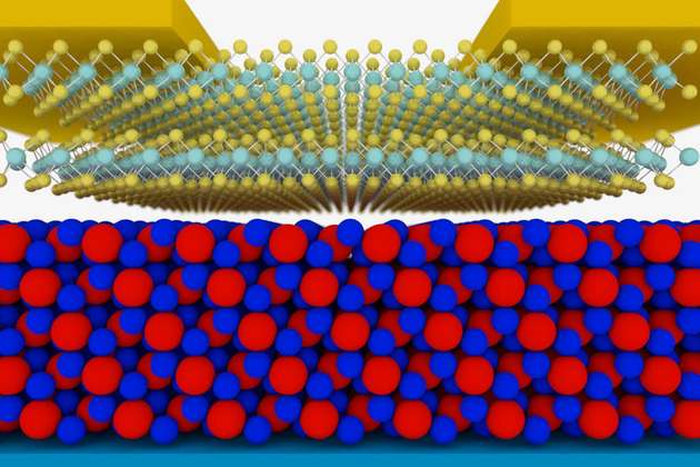 Schematische Skizze des neuen Transistors: der Isolator (rot-blau), darüber der Halbleiter.