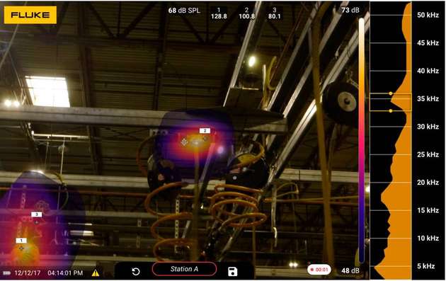 Auf dem LC-Touchscreen wird ein Sichtbild mit einer SoundMap überlagert und so das Leck angezeigt.