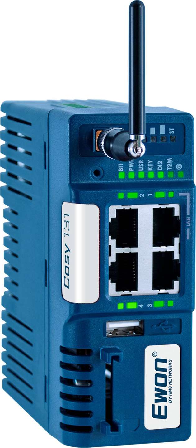 Ewon Cosy eignet sich ideal für den Einstieg. Der Router stellt eine identifizierte, verschlüsselte VPN-Verbindung zum Talk2M-Server her und ermöglicht sicheren Fernzugriff.