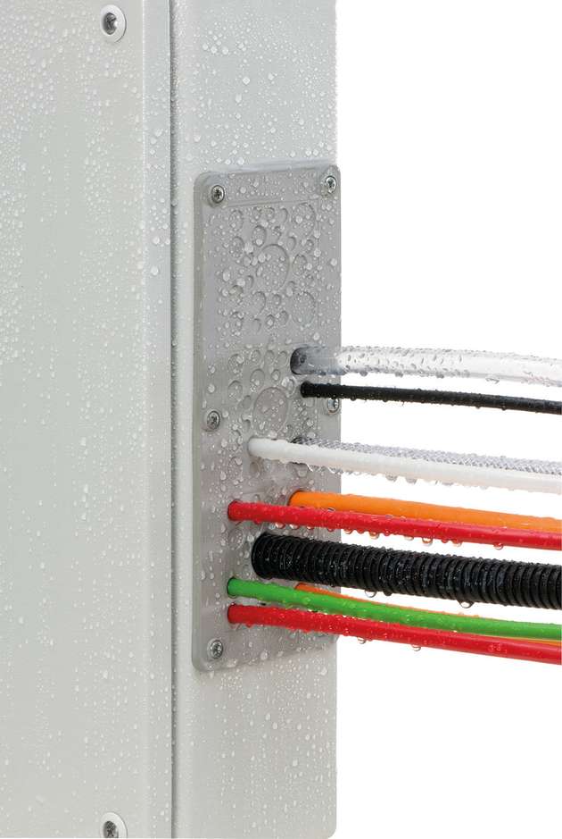 Das Kabeleinführungssystem KEL-DPZ-KL dient zur Einführung von bis zu 72 Leitungen ohne Stecker. Ein kleiner Stich in die Membran genügt, anschließend können die Leitungen durchgeschoben werden.