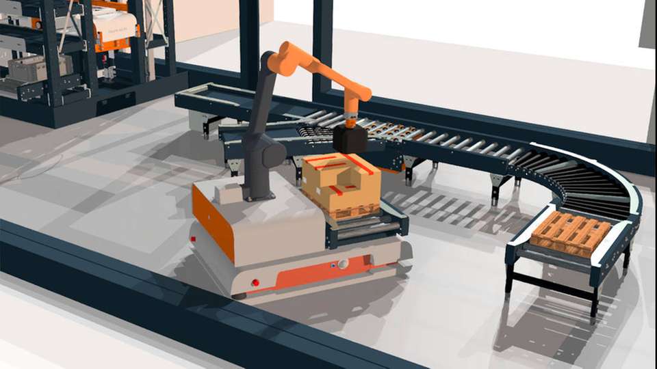Auf der Fachpack 2019 wird ein MKR-Roboter vorgestellt, der ein automatisches Transportsystem für Lagerhallen ergänzt.