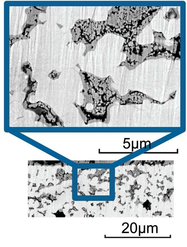 Elektronenmikroskopische Aufnahme der mittels Infiltration hergestellten Kathode: Das eingebrachte Elektrodenmaterial (NVP, dunkel) hebt sich klar vom porösen Elektrolyten (NZSP, hell) ab.