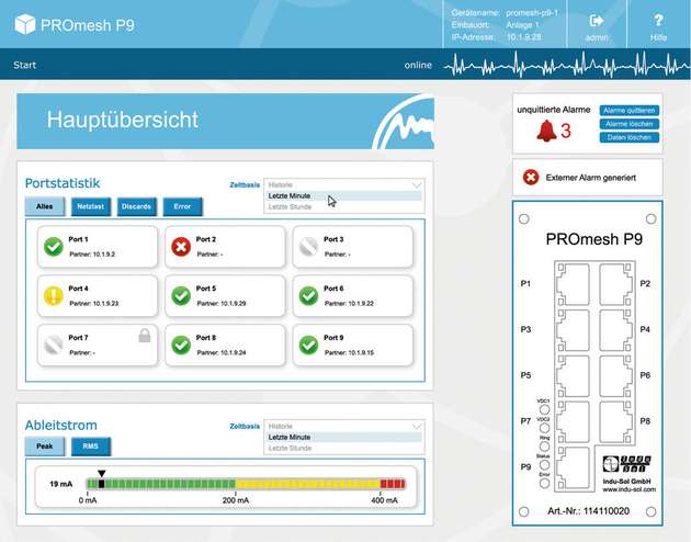 Das übersichtliche Webinterface der PROmesh- Switches macht Portbelegung und -status direkt auf einen Blick sichtbar; mit wenigen Klicks lassen sich weitere Details darstellen.