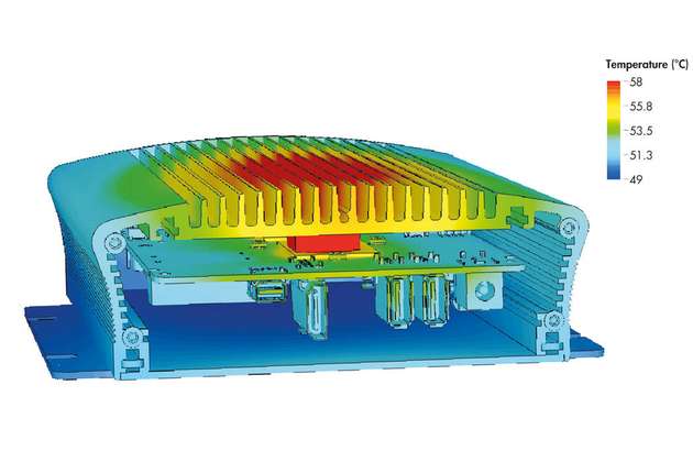 Thermische Simulation eines Gehäuseprofils mit Elektronik.