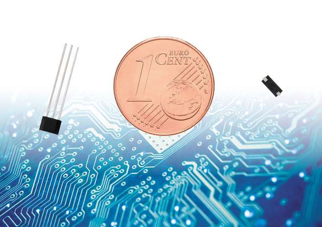 Mit der Cent-Münze werden die Größenverhältnisse deutlich. Der weltweit kleinste Reed-Sensor (rechts) von Standex Electronics reicht mit 4 mm Größe (Glaslänge) an die Dimensionen des Hall -Sensors (links) heran.