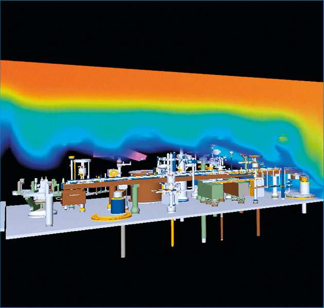 Das Simulationsteam modelliert die Anlagen: Hier erkennt man die Wasserstoffperoxiddampf-Verteilung in einem Isolator.