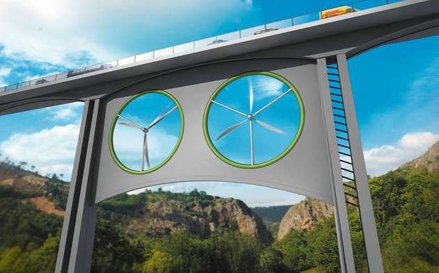 Autobahnbrücke: Die Illustration zeigt zwei identische Windräder unterhalb einer Fahrbahn.