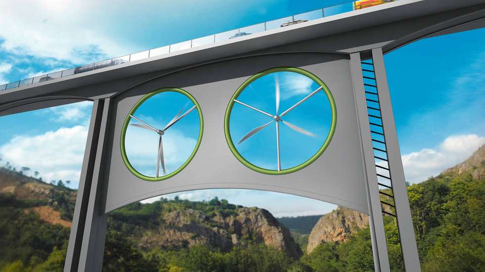 Autobahnbrücke: Die Illustration zeigt zwei identische Windräder unterhalb einer Fahrbahn.