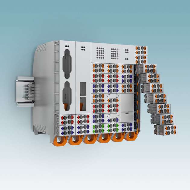 Elektronikgehäuse der Baureihe ME-IO: Das Gehäuse ist für E/A-Module, deren Frontanschlusstechnik packungsdicht in einem 18,8 mm breiten Gehäuse integriert ist.