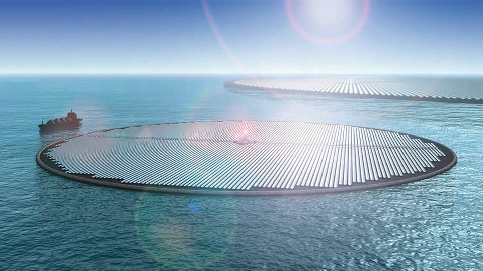 Die schwimmenden Solarinseln, auf dem Schiff links befänden sich alle notwendigen Anlagen zur Produktion von Methanol.