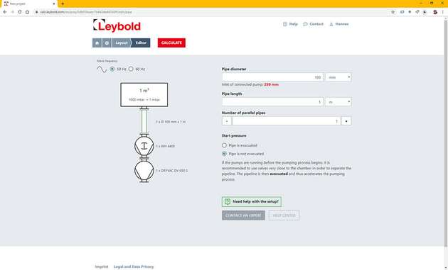 Der Leybold-Rechner berücksichtigt auch die unterschiedlichen Einflüsse von Rohrleitungen.