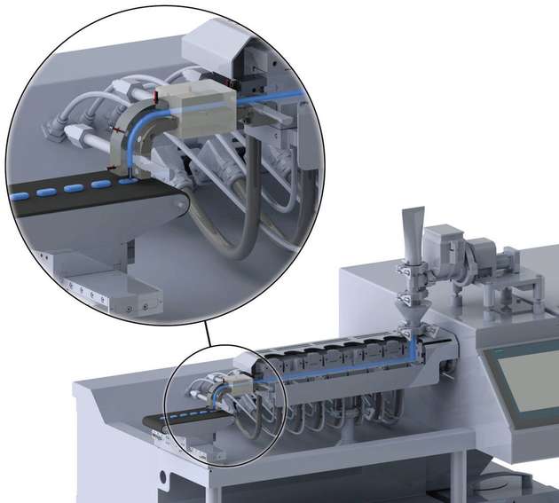 Grafische Darstellung des 3D-Druckkopfs und der Schmelzextrusionseinheit zur Herstellung von Tabletten in Klein- und Kleinstchargen