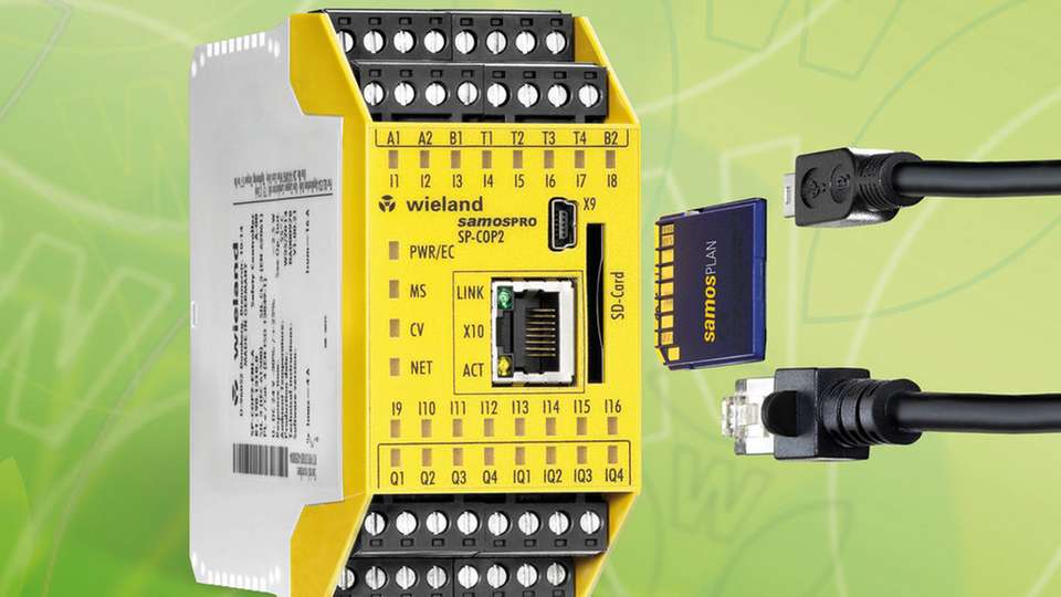 Die Sicherheitssteuerung Samos Pro Compact ist mit einer Vielzahl an sicheren Ein- und Ausgängen, einer integrierten USB- und Ethernetschnittstelle sowie einem SD-Kartenslot ausgerüstet.