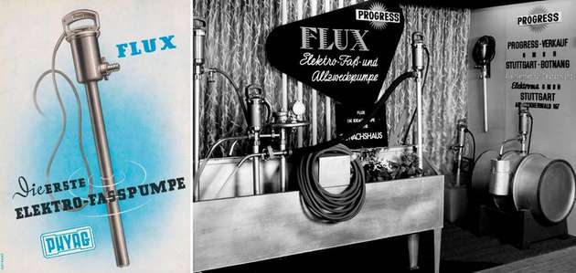 1950 ist das Geburtsjahr der „Flux“, der weltweit ersten elektrischen Fasspumpe. Zur Serienreife entwickelt wird sie von der Firma Phyag. Die Flux stößt damals auf großes Interesse, da es bis dahin zum Entleeren von Fässern nur Handpumpen gab. 1953 erreicht das erste explosionsgeschützte Modell die Serienreife, und aus dem Unternehmen Phyag KG wird die Flux-Geräte GmbH.
