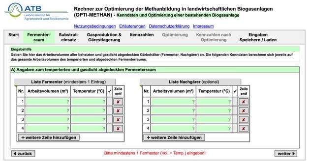 Um die Optimierungsrechnungen durchzuführen, müssen zunächst die Kenndaten der Anlage in die Eingabemaske des Online-Tools eingetragen werden.