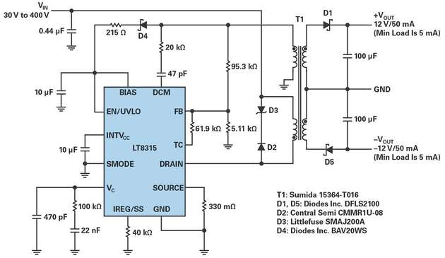 Komplett-Schaltbild eines isolierten Sperrwandlers für ±12 V / 50 mA am Ausgang und Eingangsspannungen zwischen 30 und 400 V