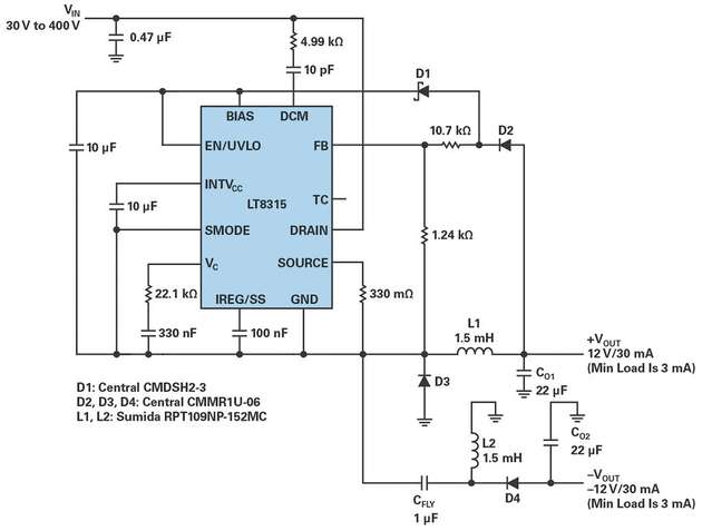 Schaltbild eines nicht isolierten Abwärtswandlers mit zwei Induktivitäten und einem IC des Typs LT8315