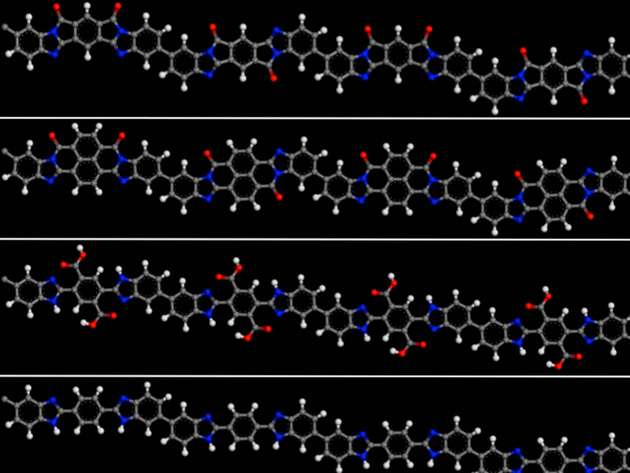 Molekülstrukturen der hydrothermal hergestellten Kunststoffe (von oben): Polypyrron PP5, Polypyrron PP6, Polybenzimidazol PBI-COOH und Polybenzimidazol PBI