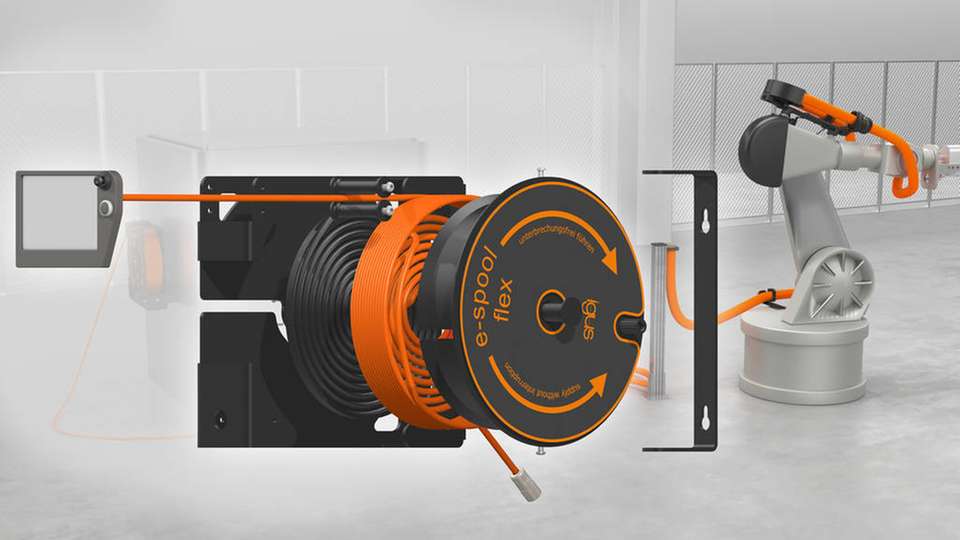 Mit der modularen E-spool flex lassen sich Leitungen, zum Beispiel an Roboterbedienpanels, einfach verstauen.