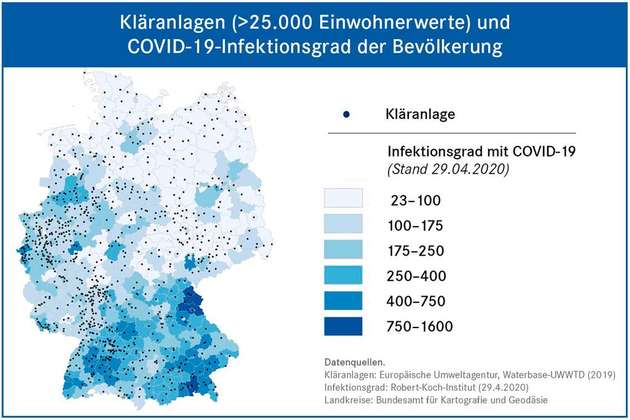 Große Kläranlagen sind entsprechend der Einwohnerdichte über Gesamtdeutschland verteilt. Ein Abwasser-Monitoring könnte Infektionsherde frühzeitig erfassen.