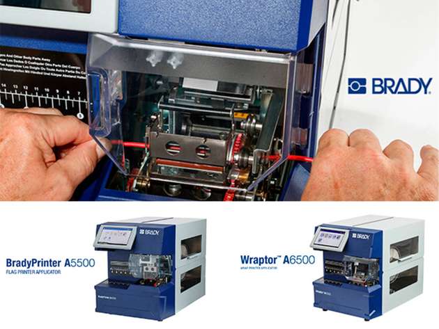 Der BradyPrinter-A5500-Fahnen-Druckapplikator und der Wraptor A6500: zwei der Brady-Lösungen, mit denen Unternehmen Zeit und Kosten in der Kabelkennzeichnung einsparen können.
