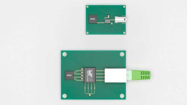 Durch die Nutzung von nur einem Leitungspaar reduziert sich die Anzahl der passiven Bauelemente auf der Leiterplatte stark – um bis zu 75 Prozent im Vergleich zum bisherigen Ethernet.