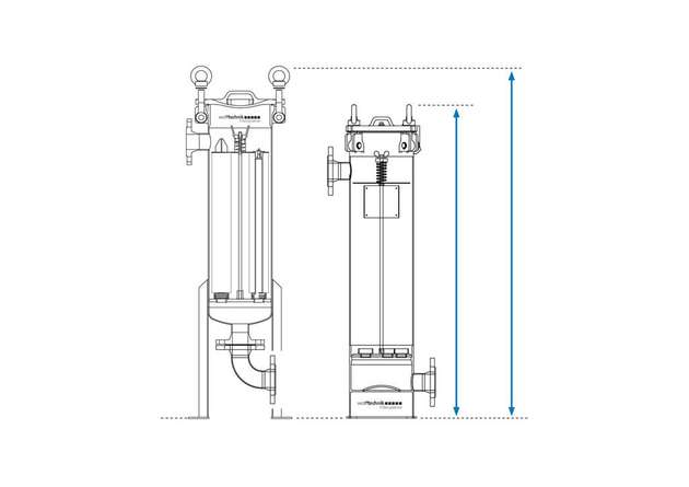 Höhenunterschied des Filtergehäuses mit Standsockel im Vergleich zur Aufstellung mit Dreibein